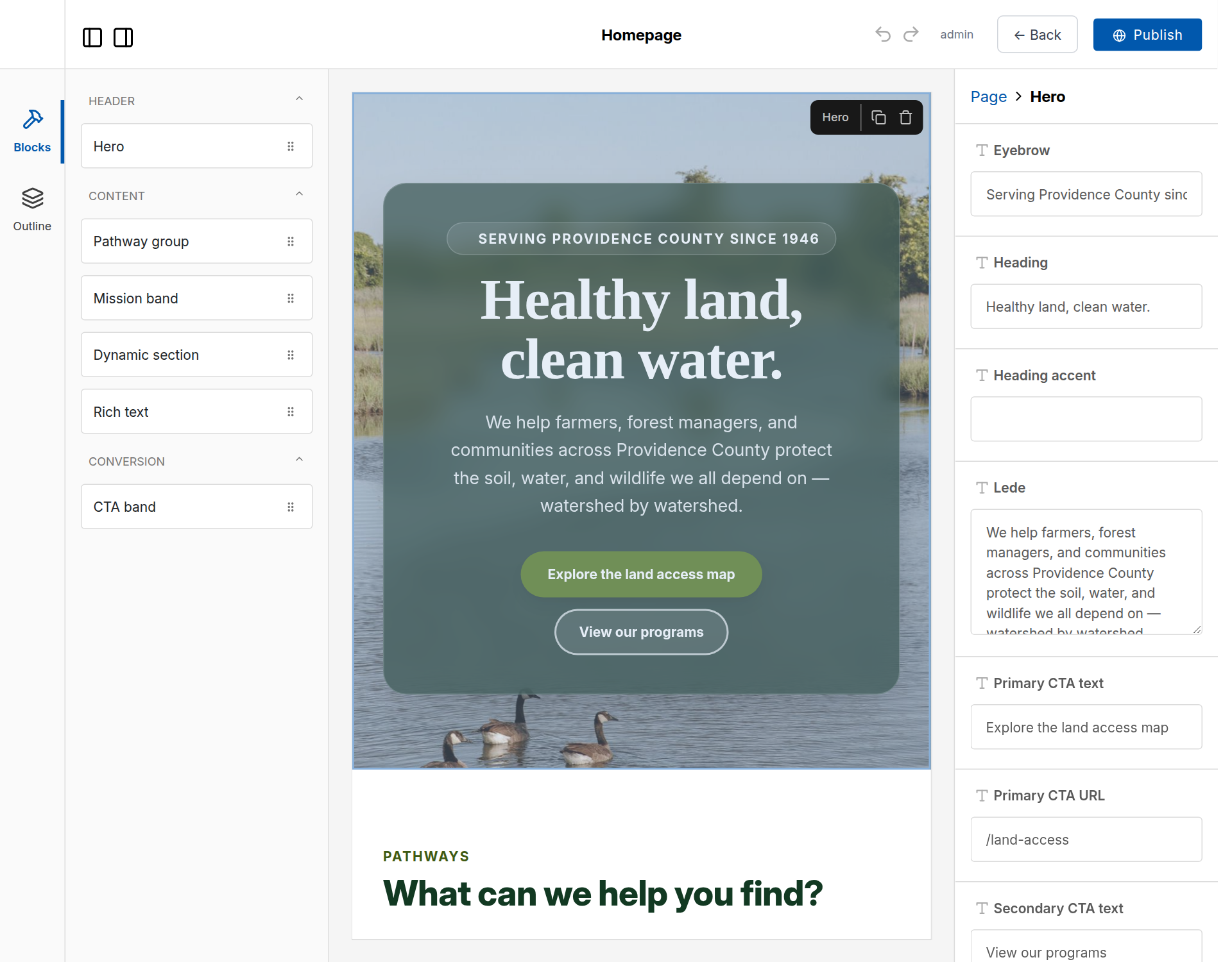 Puck visual editor editing the NRICD homepage with Hero selected